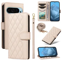 Lanyard Leather Wallet Crossbody Phone Case with Flip Stand and Card Holder for Pixel 7 Pro (Beige)