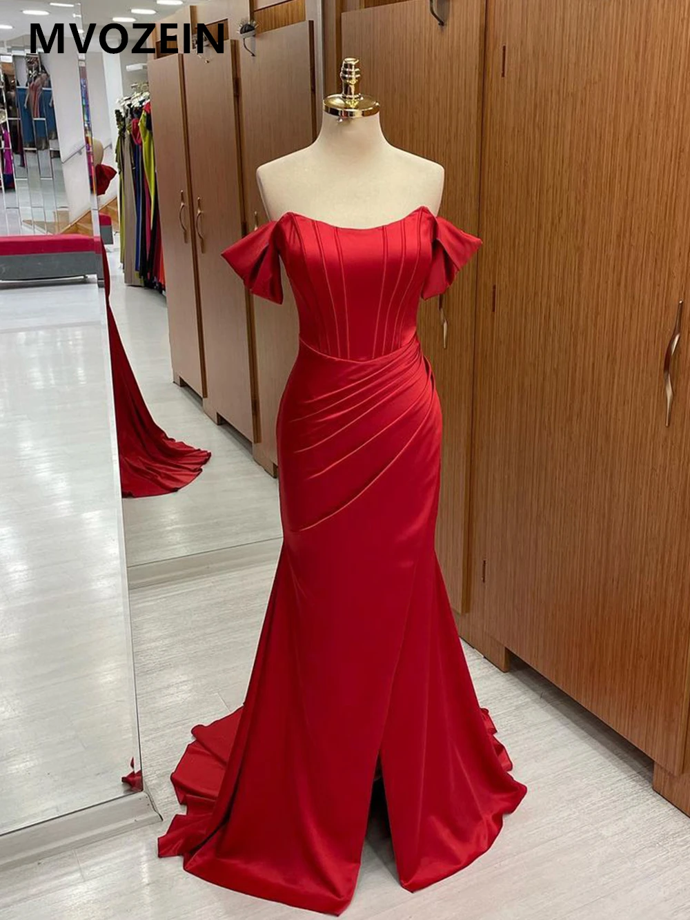 

Elegant Red Off The Shoulder Split Floor Length Mermaid Satin Dresses for Women 2023 Evening Dress Formal Party Gown