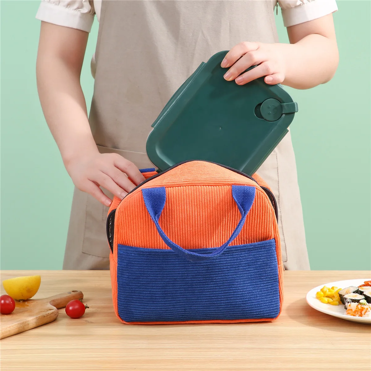 Corduroy Insulated Lunch Bags For Women Breakfast Bento Box Thermal Organizer Food Zipper Container Cooler Travel Picnic Handbag