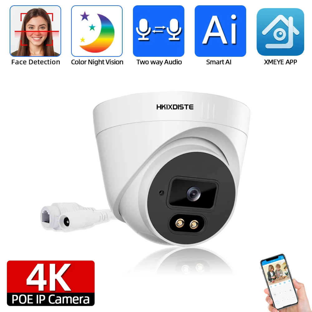 

H.265 Dome POE Video Camera 8MP 5MP Face Detection HD Color Night Vision Ip Two Way Audio CCTV Security Protection Camera Xmeye