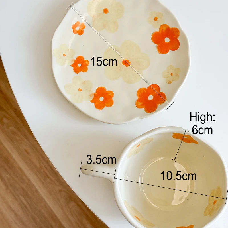 Coffee Cup Saucer Set Korean Style Flower pattern Ceramic Cup and Saucer Set Hand Pinched Irregular Coffee Cup Milk Afternoon Tea Tableware Gifts