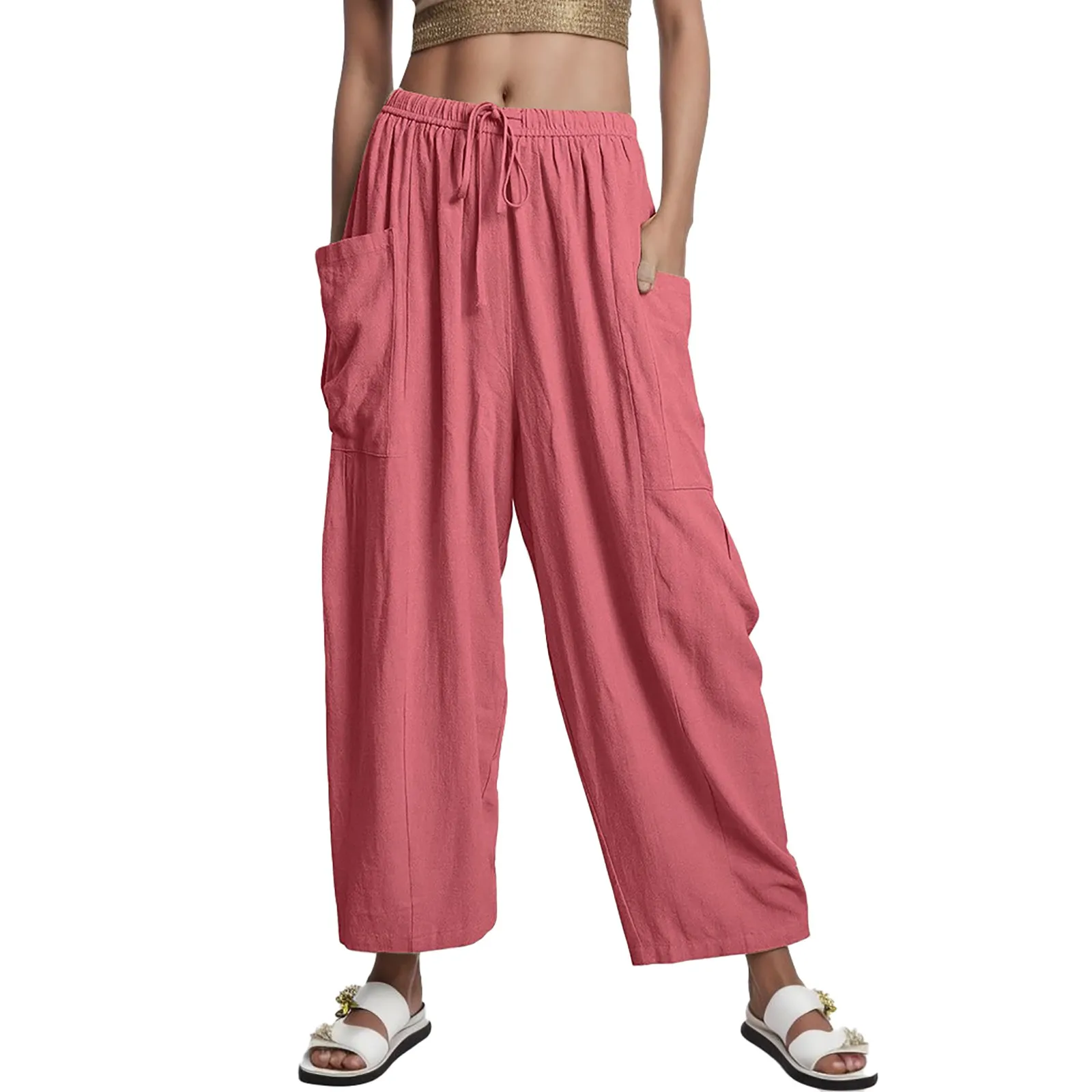 

Womens Casual Comfort Pants Solid Color Elastic Waist Pleated High Waist Wide Leg Pants Autumn Winter Loose Trousers Streetwear