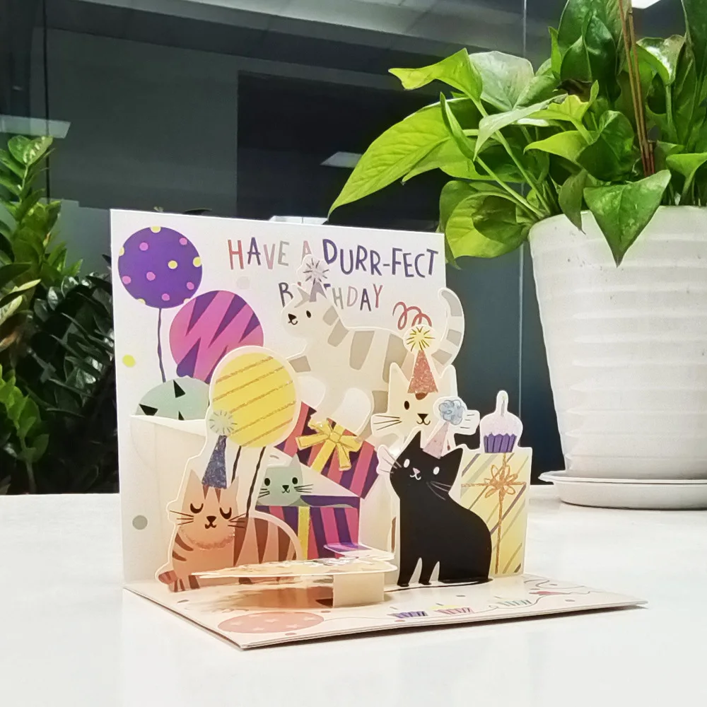 Greeting Cards Black Cat Lucky Cards Birthday 3D Greeting Card 90 Degrees Cute Cat Holiday Invitation Card Girls Gift Blessing