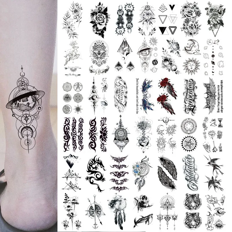 thumbnail image 1 of Nuevo tatuaje pequeño fresco a prueba de agua con patrón de atrapasueños de flores, pegatinas de tatuaje en blanco y negro, 1 of 4