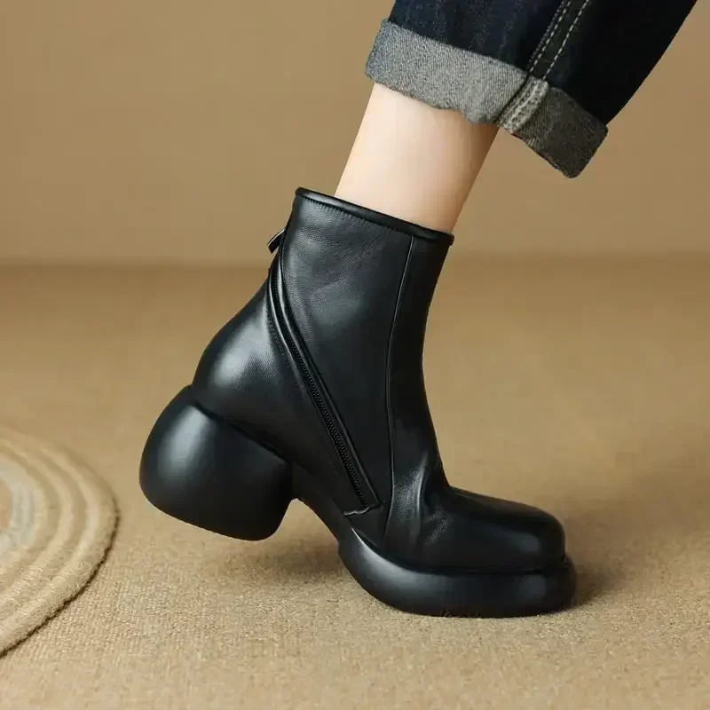 

Women Comfortable Casual Short Boots Walking Winter Leather Genuine 2024 Sole Shoes Street New Thick Boots Fashion British Style