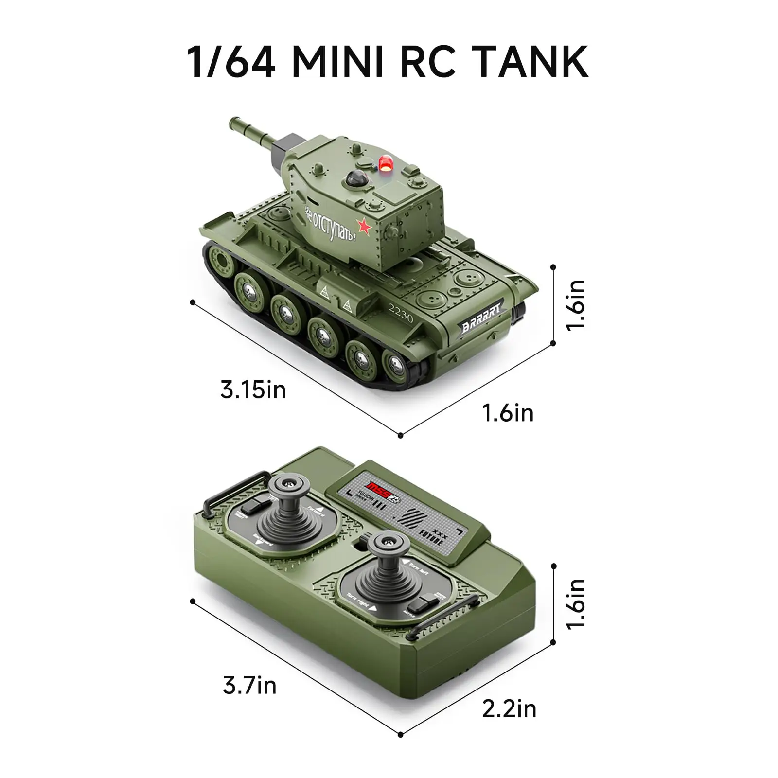 Vue de dessus du tank RC infrarouge 1/64 montrant les marquages et la tourelle rotative.