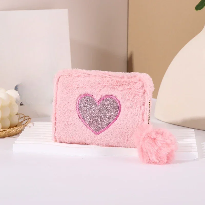 Women's Cute Plush Heart Print Wallet Zipper Coin Purse ID Credit Card Holder Clutch Bag Mini Purse Coin Pouch Card Wallet 5