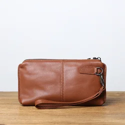 Men's Genuine Leather Retro Casual Wallet - Soft Cowhide with Large Capacity and Zippered Phone Compartment (Brownish Yellow)