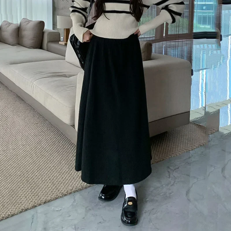 Smvp 2024 Autumn Winter New Thicken Plush A-line Skirts Wowen Solid Casual High Waisted Long Skirt Ladies Lazy Style Midi Skirts 2