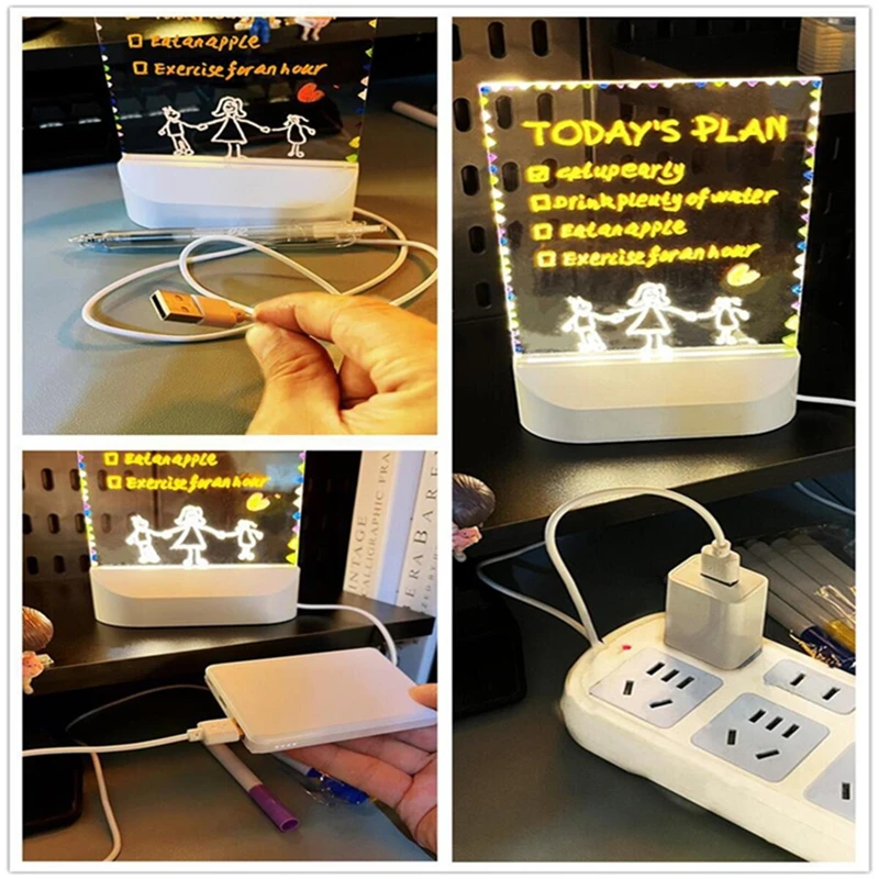 LED 어린이용 손그림 발광 보드 지울 수 있는 조명 USB 플러그인 야간등 DIY 창의적 장난감 7개 펜 포함 선물 신제품