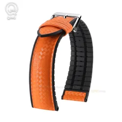 Premium 20mm Two - Tone Carbon Fiber Silicone Watch Strap - Sporty & Waterproof Replacement Band - Black Buckle (Orange)
