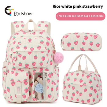 3pcs Corduroy College Backpack with Lunch Bag Pencil Case Cute Girl School Strawberry Print Bookbag Daypack Set for Teens Women 1