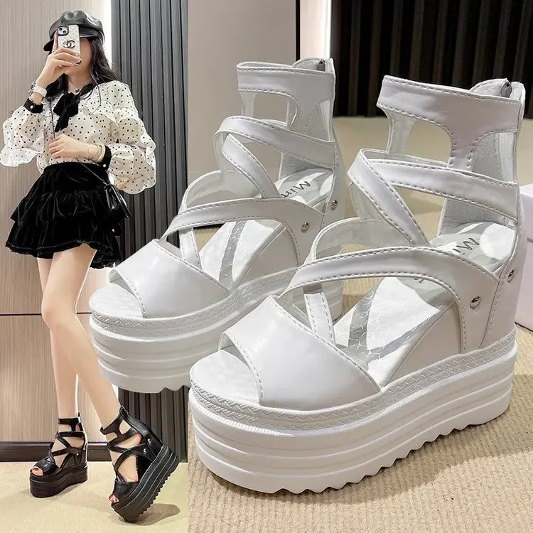 Women's High Heel Sandals 13CM Slope Heel Thick Bottom Cross Band Fish Mouth Shoes Increased Height Summer Shoes