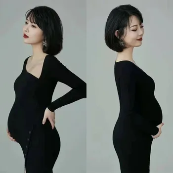 Women Photography Props Maternity Dresses Black Knitted Elegant Pregnancy Sheath Dress Studio Photoshoot Photo Clothes