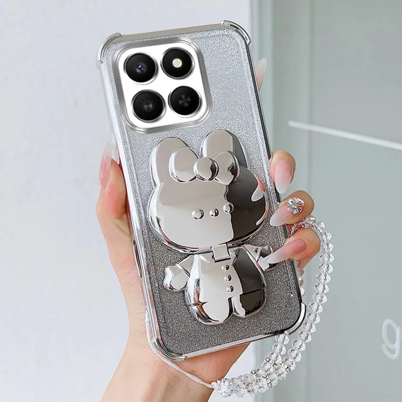 Luxury Shockproof Phone Case with Cute Rabbit Makeup Swivel Stand & Crystal Lanyard
