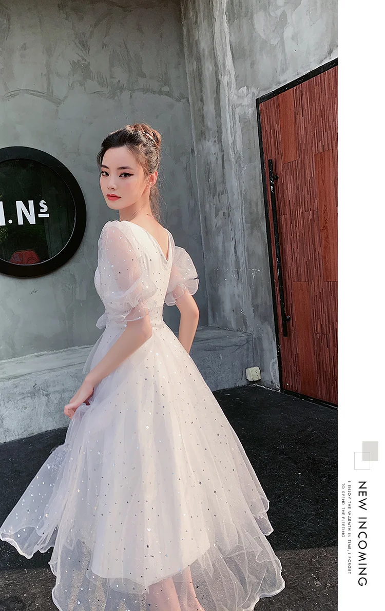 long formal dresses for women White Women Evening Dresses 2020 Elegant V-neck Tea-length Sequined Tulle Medium Long Prom Gown For Homecoming white evening dresses