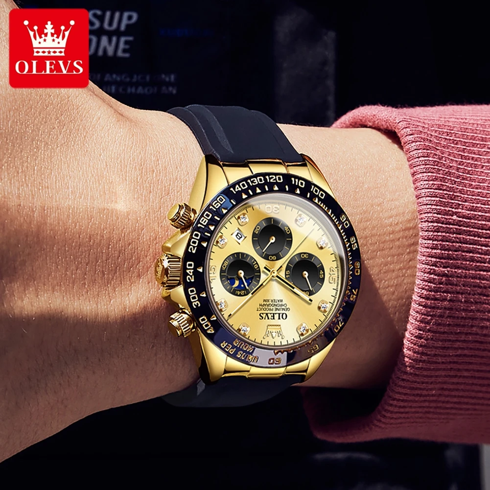 OLEVS 2875 Man Watch Fashion Luxury Original Moon Phase Calendar Wristwatch Chronograph Silicone Strap Waterproof Watch For Men