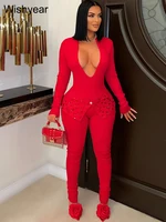 New Full Sleeve V-neck Skinny Pencil Pants Women Jumpsuits Rhinestone Birthday Rompers One Piece Night Club Evening Outfits 2025