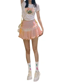 Women's Summer Mini Skirts Cute High Waist Lace Patchwork Ruffle Hem A-Line Skirts 5