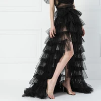 Women Long High Low Ruffles Tulle Skirt Solid Color Mesh Tied-Up Irregular Floor-Length Party Train Overskirt Cover Ups 1