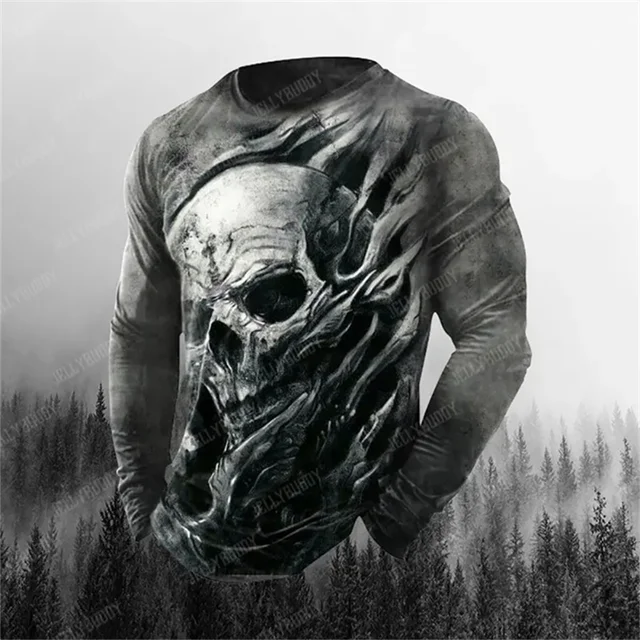 Long Sleeve Horror Skull 3d Printed Men's Oversized T Shirt New Winter Street Hip Hop High Quality Fashion Black Casual Shirt 9