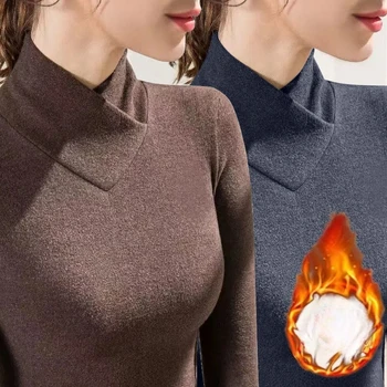 Autumn Winter New Semi High Neck V-neck Women's T-shirt Fleece Wearing Inside Women's Thermal Underwear Women Clothing 1