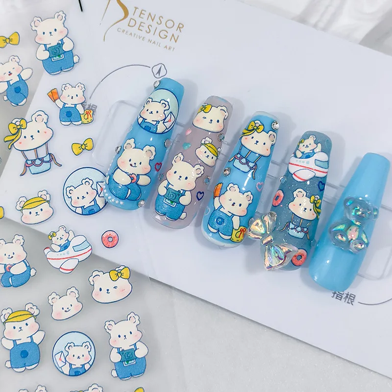 

Мультяшный дизайн с маленьким медведем 5D рельефные Самоклеящиеся украшения для ногтей красивые 3D наклейки для маникюра оптовая продажа