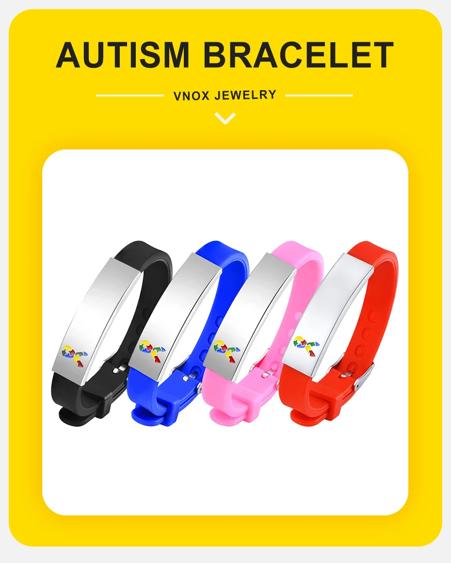 Vnox kostenlos personal isierte Autismus ID Armbänder für Teenager Mädchen Jungen, farbige Puzzle weiche Silikon Armbänder, benutzer definierte Kontakt Name Eis – Detail 3
