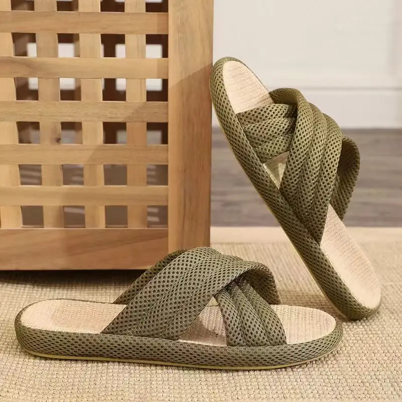 남성용 사계절 린넨 슬리퍼, 부드러운 밑창, 미끄럼 방지, 땀 흡수, 사일런트 홈 슬리퍼, 여름 신상