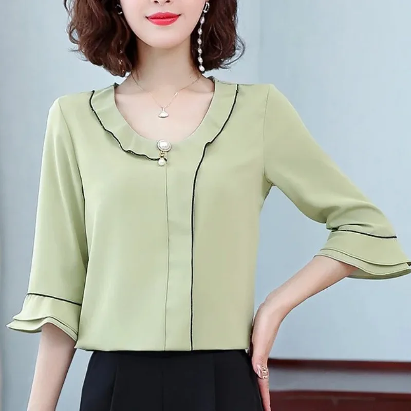 

Women's Spring Summer Solid Round Neck Ruffles Chiffon Beading Pullover Half Sleeve T-shirt Clothing Sweet Casual Loose Tops