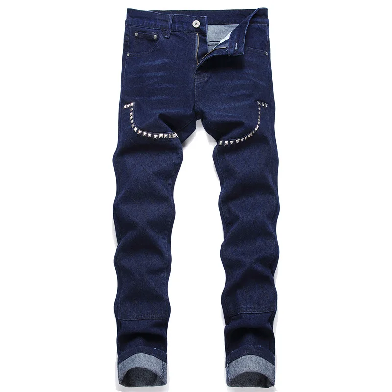 

New Spring Autumn Punk Style Stitching Jeans Fashion Rivet Mid-Waist Slim Elastic Pencil Pants Motorcycle Hip Hop Clothing