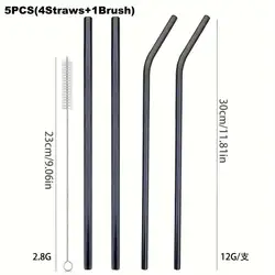 Eco - Friendly Colorful Reusable Stainless Steel Drinking Straws, 4 - Pack - 30cm for Cocktails & Smoothies (Black)