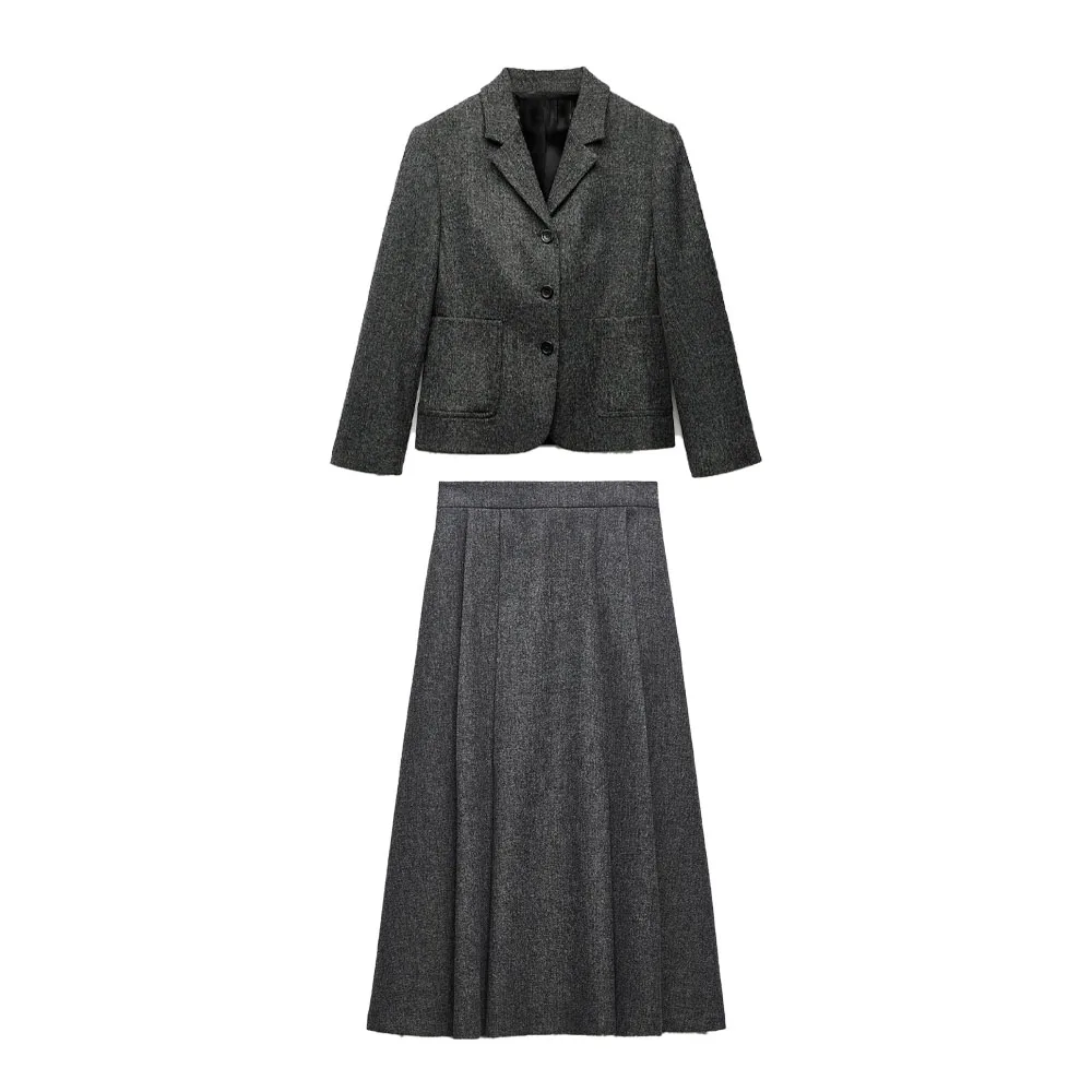 

Zach AiIsa new winter women's lapel long-sleeved wool blend simple suit jacket + high-waisted wool blend mid-length skirt