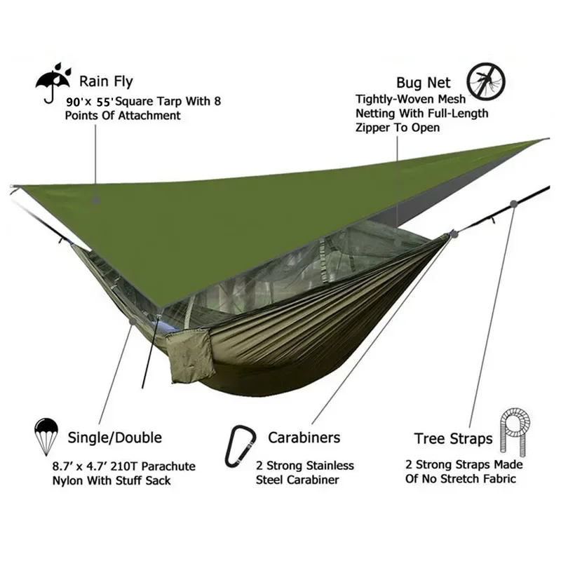 Mosquito Net Camping Hammock Camping Accessories Camping Hammock with Mosquito Net&Rainfly Tent Tarp & Tree Straps Portable Nylon Hammock Tent for Camping Hiking Backyard Travel