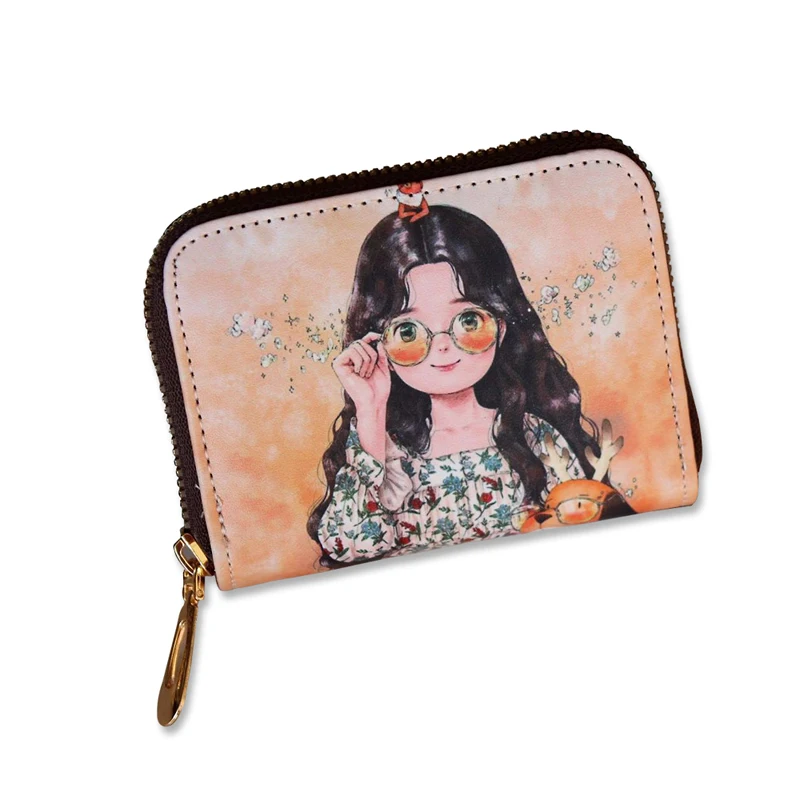 

New Cute Cartoon Girl Card Bag Zipper Organ Credit Card Holder PU Leather Students Small Purse Women's ID Business Card Wallet