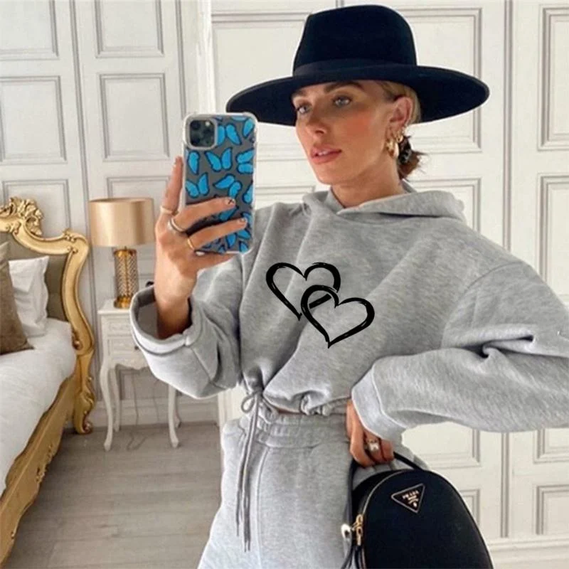 2023 Hot Sale Funny Love Heart Tracksuit Women Suit Fleece Hoodies Casual Sports Set Long Sleeved Sweater Trousers Sportswear