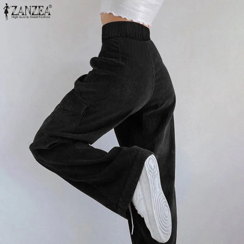 Primavera de Cintura Alta Sólida Longo Calças Perna Larga Zanzea Moda Feminina Veludo Vintage Solto Casual Pantalon Oversized Y2k 13 Computers & Electronics