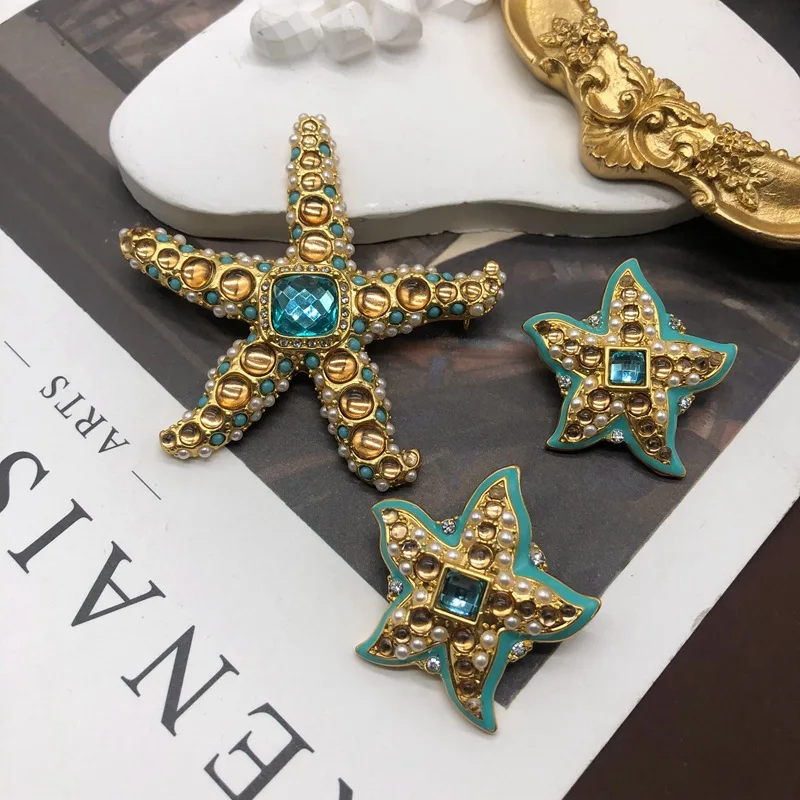 

Brooch Earrings Fashion Personality Retro Romantic Starfish Brooch Stud Set Pins Broche Accessories Brooches For Women Cute