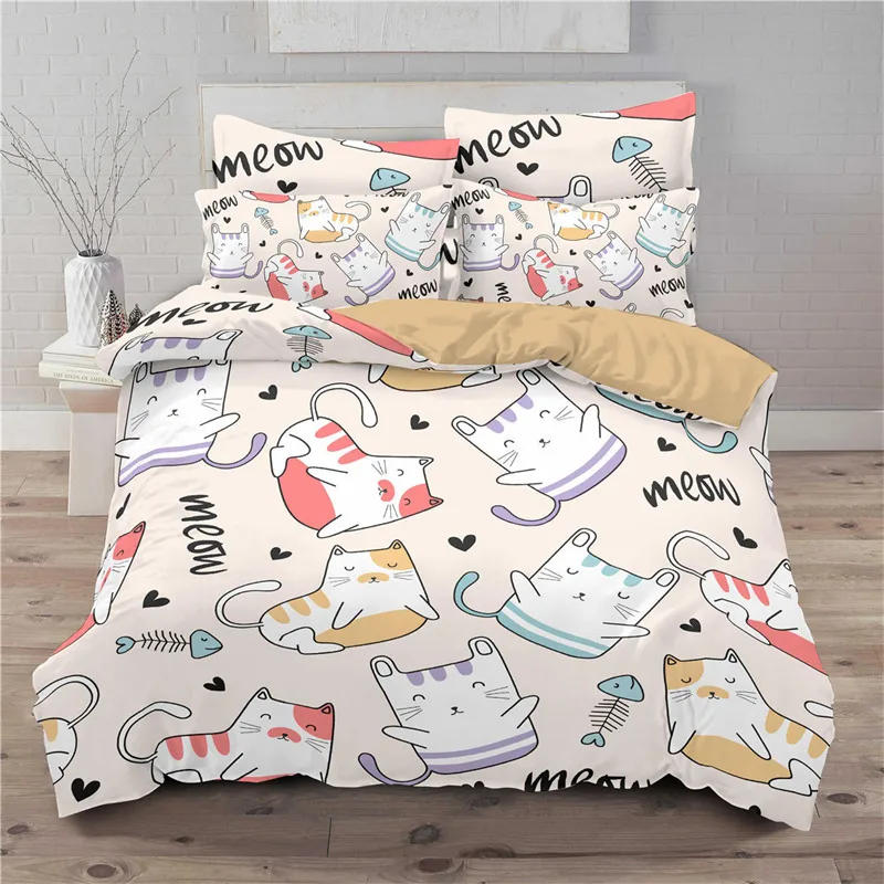 Cartoon Cat Dogs Toddler Bedding Set For Kids Teens Cartoon Kittens Animals Microfiber 3D Duvet Cover Pillowcases Bedroom Decor 