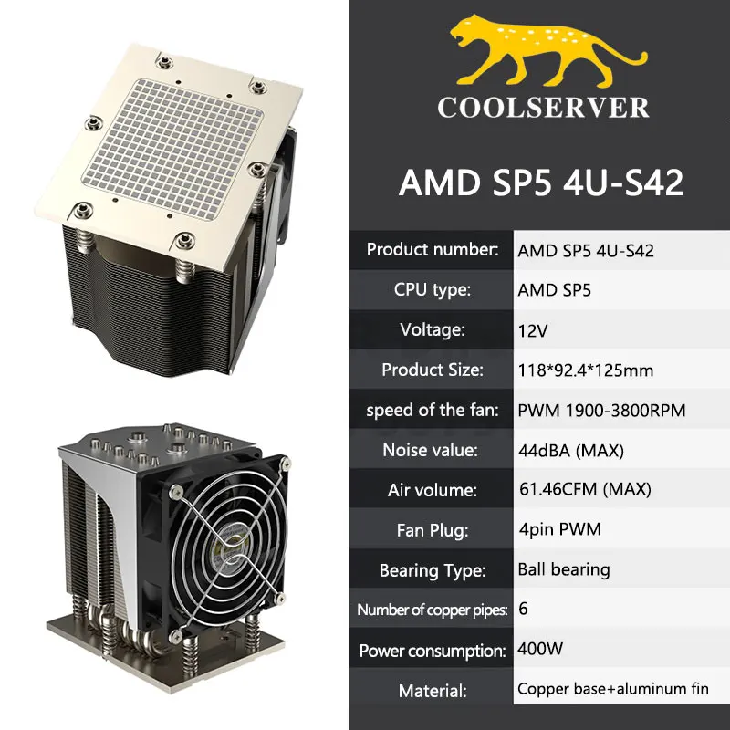 

COOLSERVER AMD SP5 4U-S42 Server CPU Cooler 400w 6 Heatpipes workstation Radiator PWM 4PIN Cooling Fan for AMD SP5