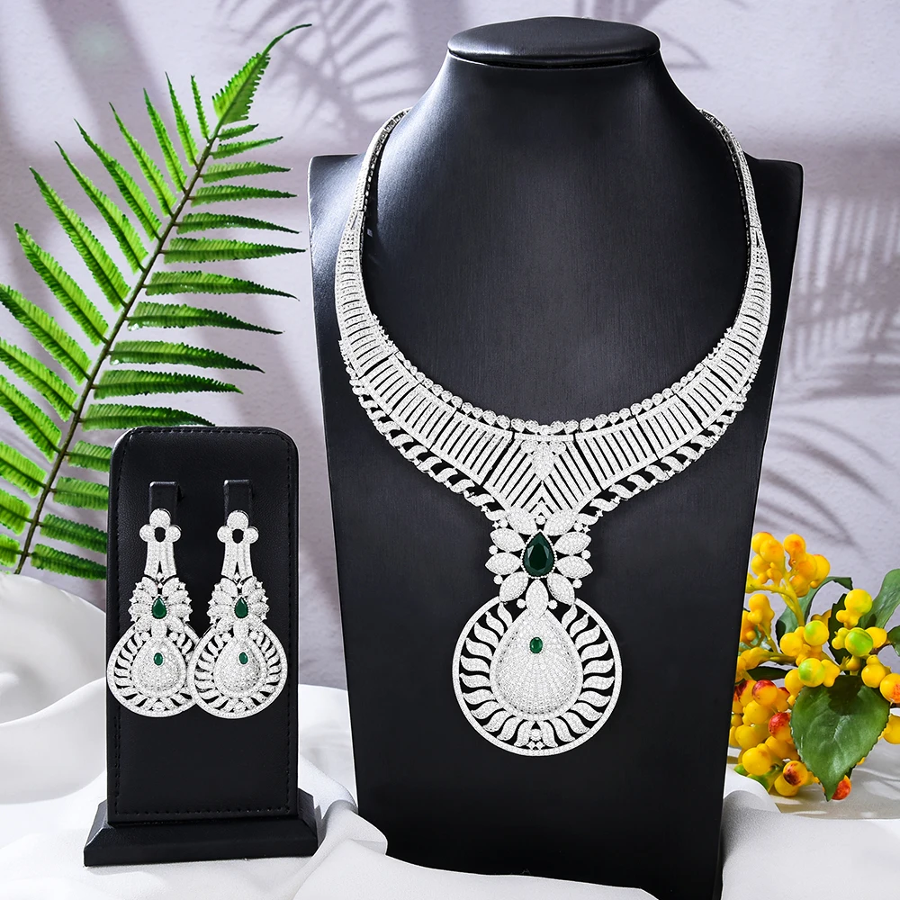 

Jimbora Luxury Nigerian Big Long Necklace Earrings For Women Shiny Cubic Zircon Bridal Wedding Engagement Jewelry Sets