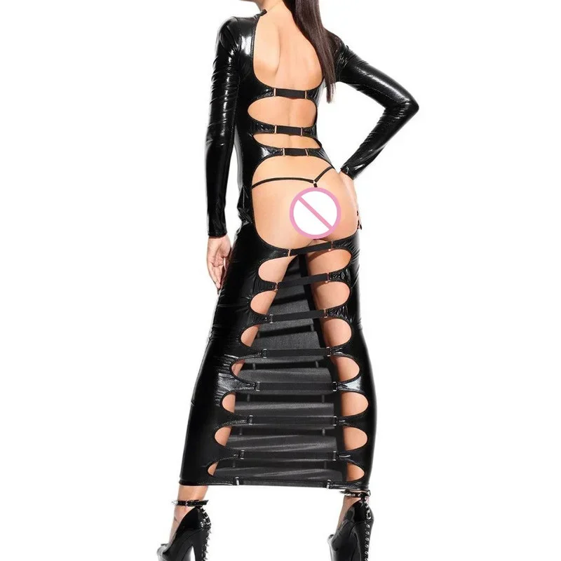 

Women Sexy Faux Leather Maxi Dress Wet Look Open Back Backless Long Sleeve Dresses Erotic Fetish Long Dresses Night Club Dress