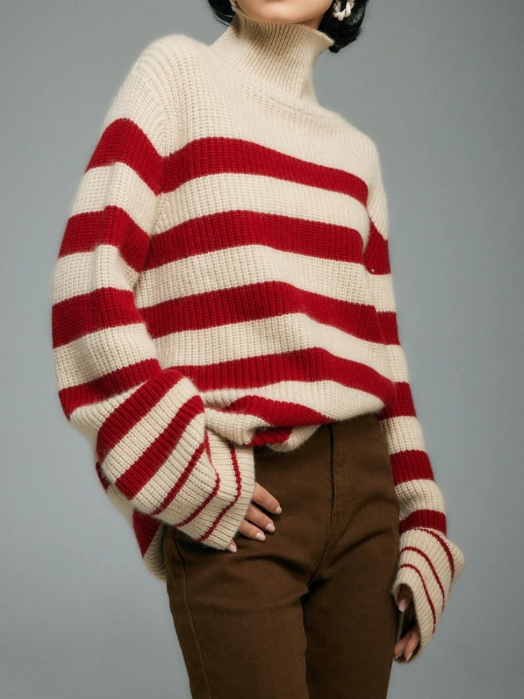 

Red Stripe Mock Neck Sweater Woman Winter 2023 Thickening Casual Loose Knitted Top Korean Fashion Autumn New Pullover Women