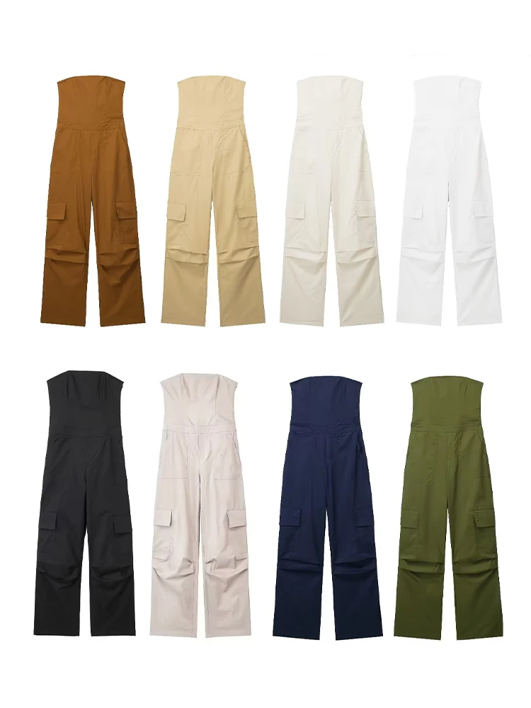 

Willshela Women Fashion With Pockets Solid Side Zipper Cargo Jumpsuits Vintage Strapless Slash Neck Female Chic Lady Outfits