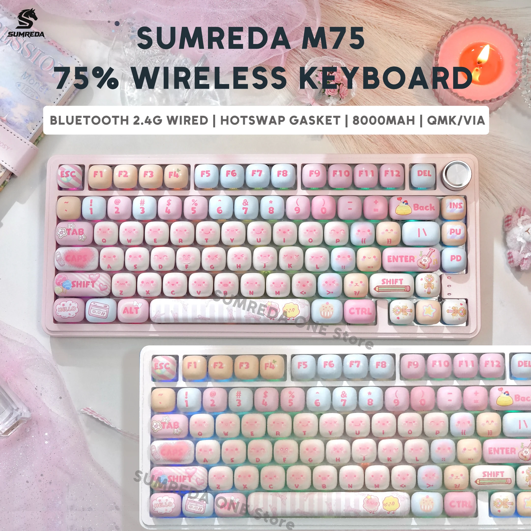 SUMREDA M75 핑크 귀여운 무선 기계식 키보드 게이밍 75% 블루투스 2.4G 유선 RGB 핫스왑 게이머 비접촉식 키보드