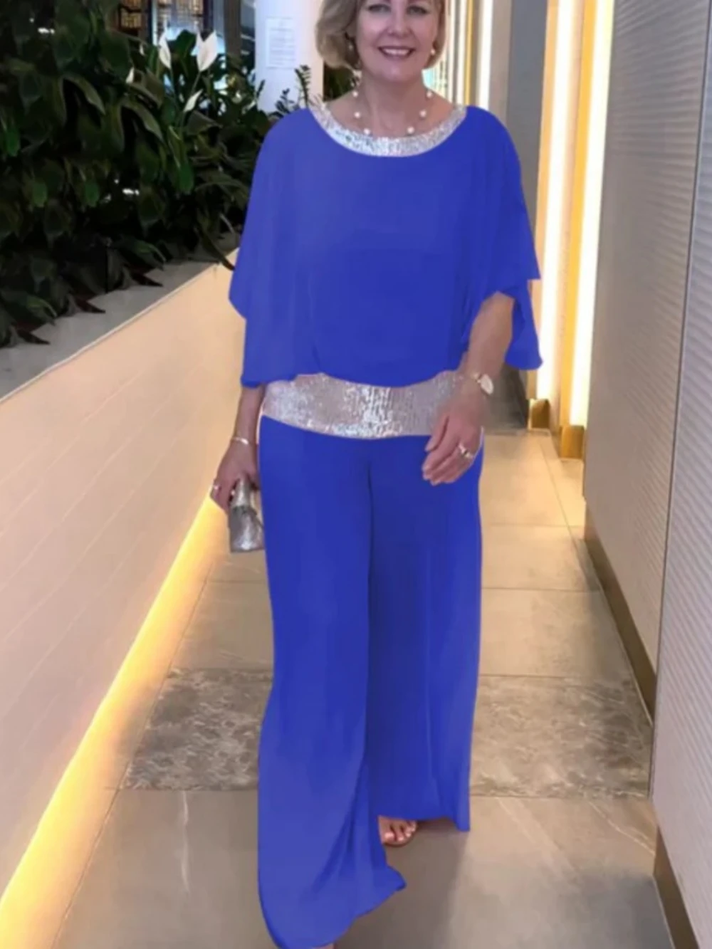 New Fashion Women's Suit Spring/Summer Sequined Crew Neck Top And Wide Leg Pant Outfits Comfortable Ladies 2 Piece Set