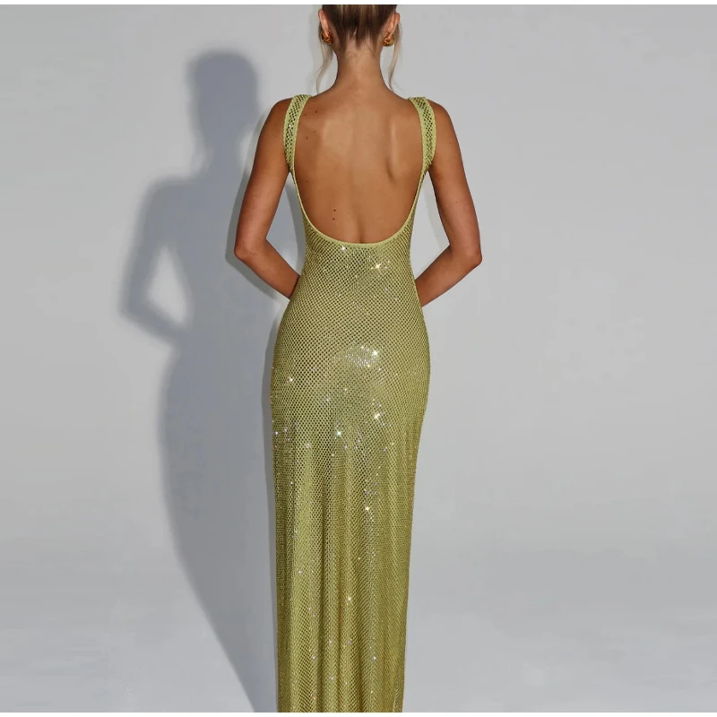 Pailletten Diamanten Rohr Langes Kleid Für Frauen Quadrat Kragen Ärmellose A-linie Mesh Robe 2025, Sommer Elegante Weibliche Party Kleider – Detail 23