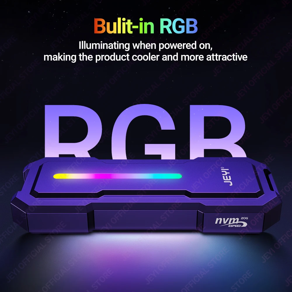JEYI 20Gbps RGB M.2 NVMe SSD Enclosure USB 3.2 GEN2x2 Support UASP Trim 4TB Capacity Aluminum Alloy Case 9220 Chip PCIe NVMe