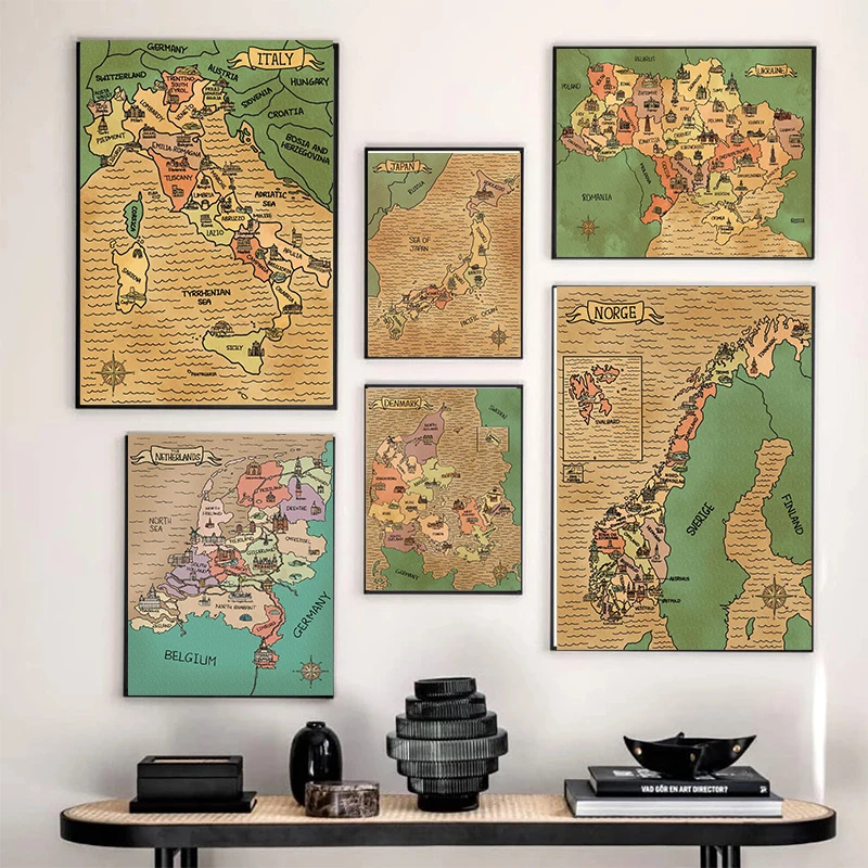 Mappa Colorata Vintage Pittura Su Tela Italia Scozia Cultura Travel Globe Landmark Poster Wall Print Picture For Home Office