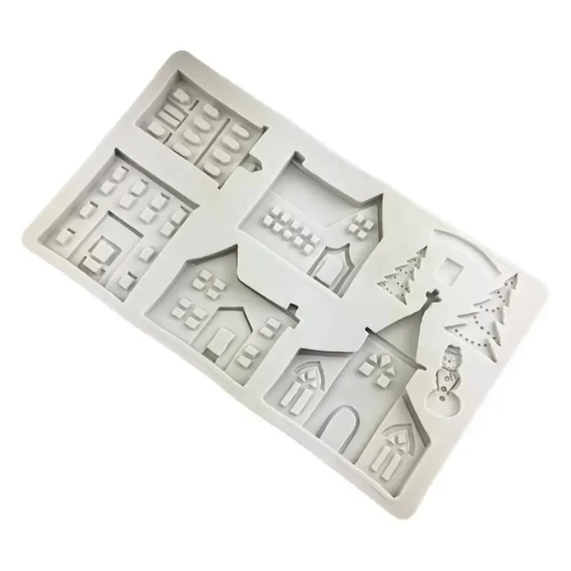 New House Silicone Mold Christmas Cake Lace Decoration Tools Snowman Castle Villa Shape Mold Ssuitable Home Kitchen Molds